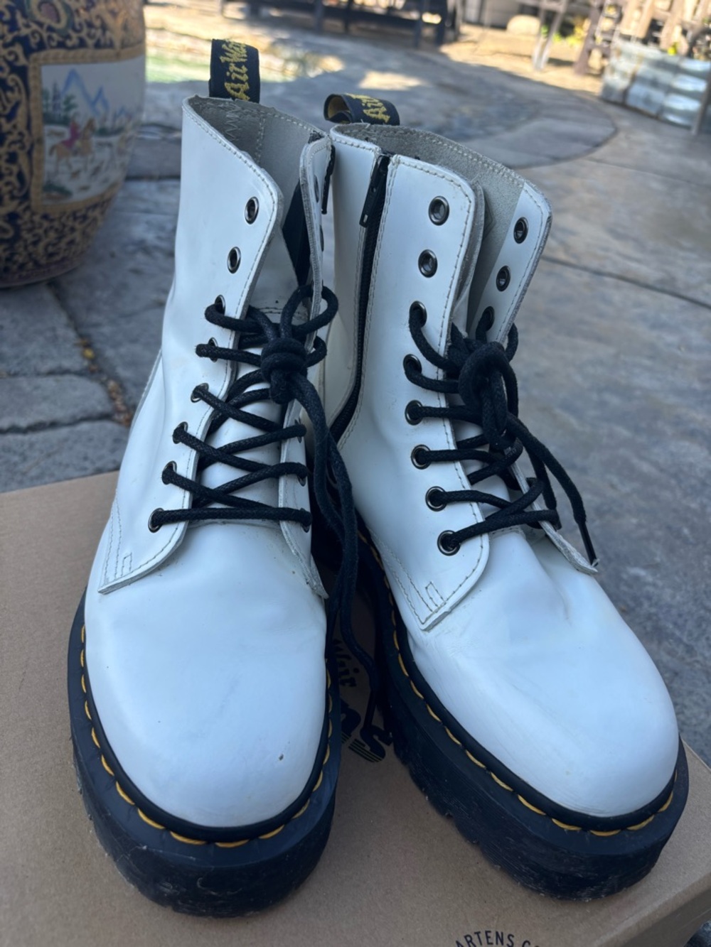 Dr. Martens White Leather Platform Lace-Up Boots with Black Laces